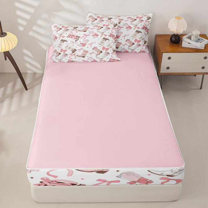 meiyoeat Pink Ribbon Bows Zipper Full Size Comforter Sets with Fitted Sheet and 2 Pillowcases For Girls,Fashion Western Cowgirl Boots Zipper Bedding Set For Kids,Pink Reversible,4 Pieces
