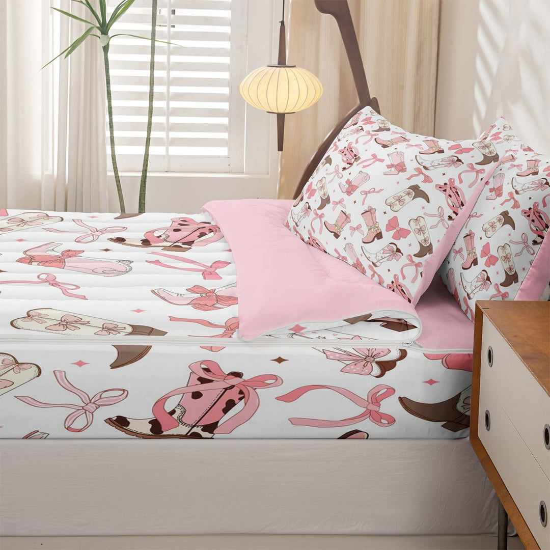 meiyoeat Pink Ribbon Bows Zipper Full Size Comforter Sets with Fitted Sheet and 2 Pillowcases For Girls,Fashion Western Cowgirl Boots Zipper Bedding Set For Kids,Pink Reversible,4 Pieces
