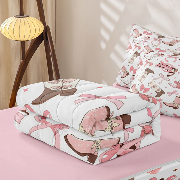 meiyoeat Pink Ribbon Bows Zipper Full Size Comforter Sets with Fitted Sheet and 2 Pillowcases For Girls,Fashion Western Cowgirl Boots Zipper Bedding Set For Kids,Pink Reversible,4 Pieces