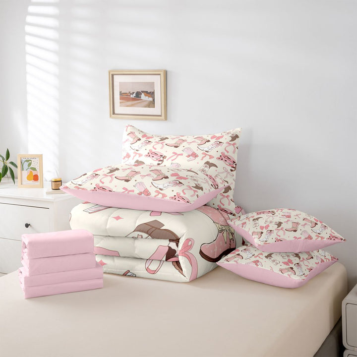 meiyoeat meiyoeat Sweet Cowgirl Boot 7 Pieces Full Size Bedding Sets For Girls, Pastel Bow Pattern Full Size Bed in a Bag For Kids,Pink Reversible