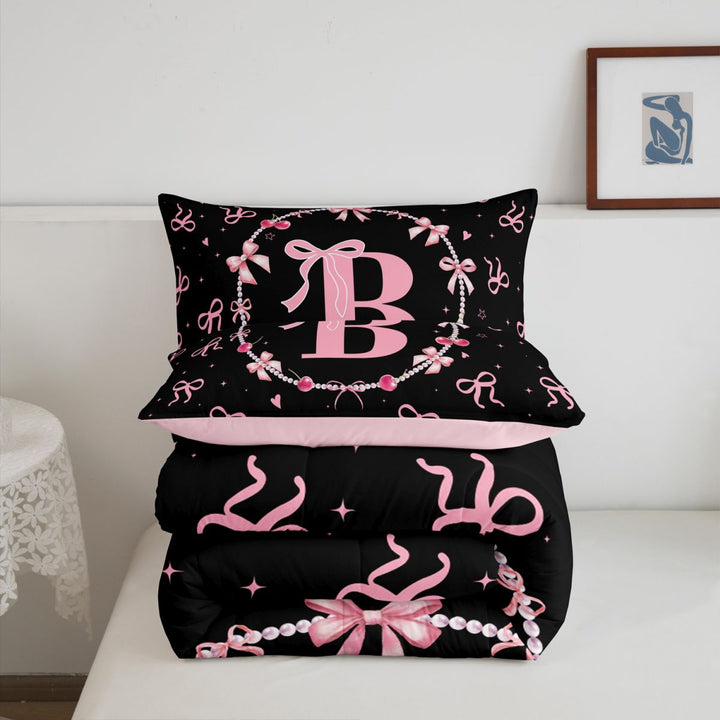 meiyoeat Ribbon Bow Pearl Full Size Comforter Sets,Pink Monogrammed B Bedding Comforter Set For Girl,Pink Reversible,3 Pieces,1 Comforter and 2 Pillowcases