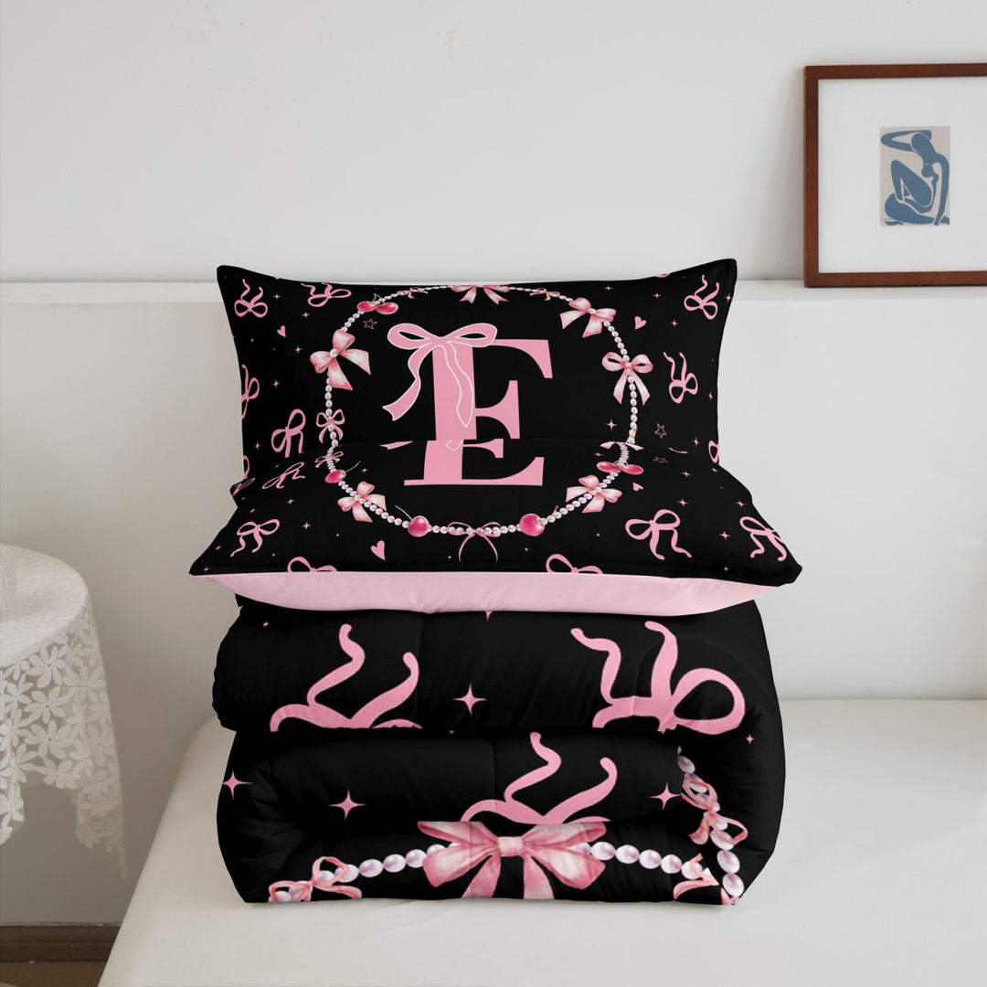 meiyoeat Pink Personalized Initial E Full Size Comforter Sets,Princess Bow Bedding Comforter Set For Girl,Pink Reversible,3 Pieces,1 Comforter and 2 Pillowcases