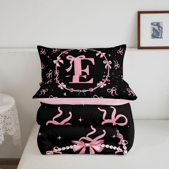 meiyoeat Pink Personalized Initial E Full Size Comforter Sets,Princess Bow Bedding Comforter Set For Girl,Pink Reversible,3 Pieces,1 Comforter and 2 Pillowcases
