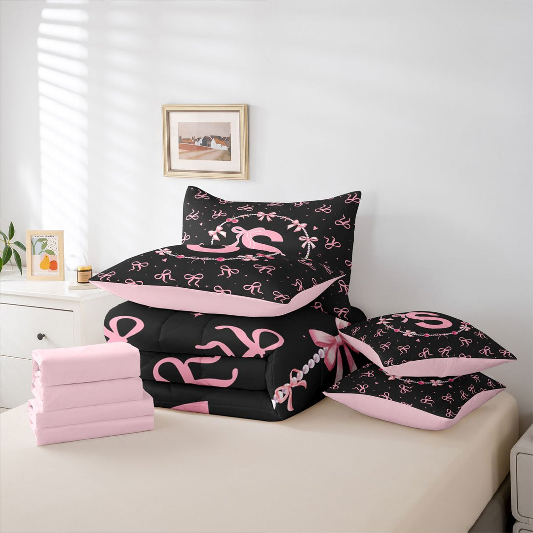 meiyoeat Coquette Bowknot Monogram S 7 Pieces Full Size Bedding Sets,Pink Initial Design Full Size Bed in a Bag For Girl,Pink Reversible