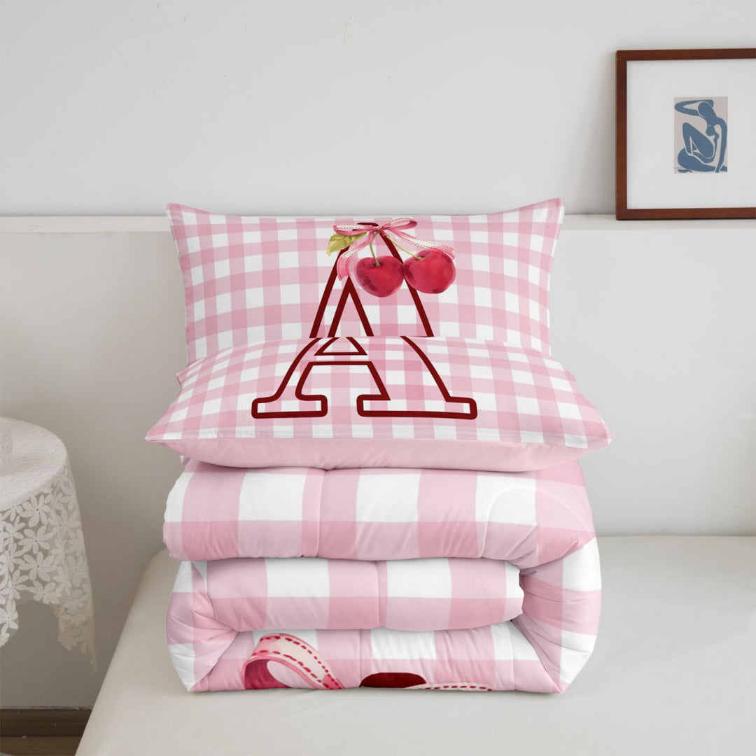 meiyoeat Pink Bow Cherry Monogram A Full Size Comforter Sets,Classic Geometric Checkered Bedding Comforter Set For Girl,Pink Reversible,3pcs,1 Comforter and 2 Pillowcases