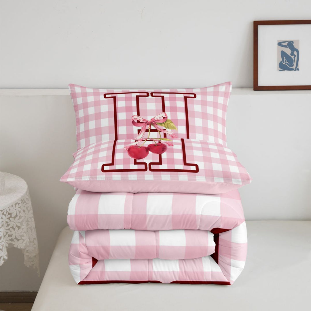 meiyoeat Girls Personalized Initial Gifts Full Size Comforter Sets,Pink Checkered Initial Art Bedding Comforter Set For Girl,Pink Reversible,3 Pieces,1 Comforter and 2 Pillowcases