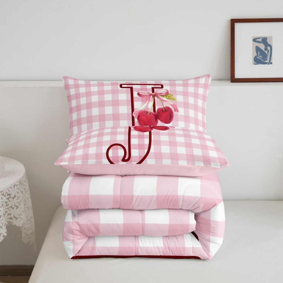meiyoeat Ribbon Bow Monogram J Full Size Comforter Sets,Pink Cherry Initial Art Bedding Comforter Set For Girl,Pink Reversible,3pcs,1 Comforter and 2 Pillowcases