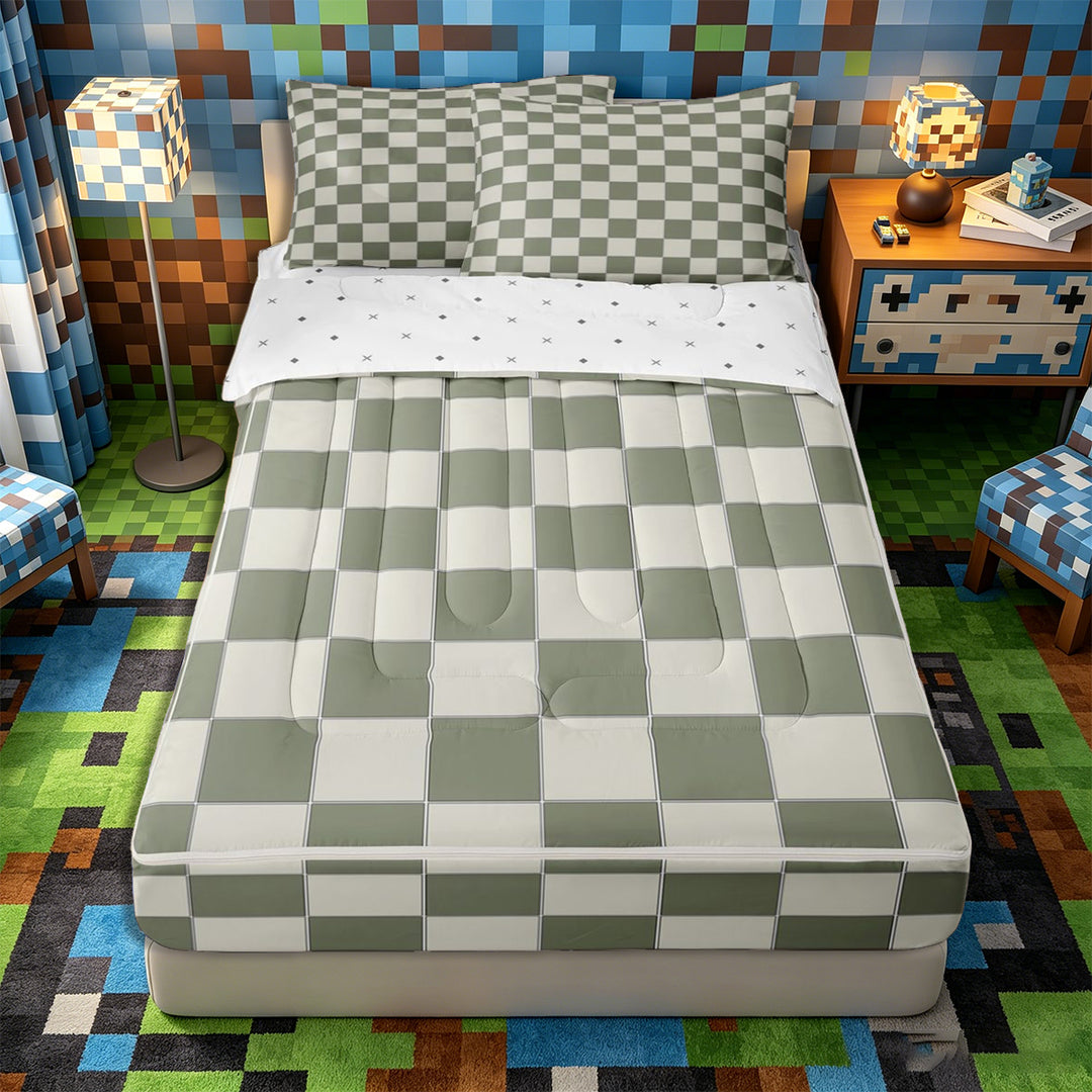 Meiyoeat Minimalist Checkered Print Zipper Full Size Comforter Sets with Fitted Sheet and 2 Pillowcases, Mid-Century Geometric Grid Zipper Bedding Set, Sage Green White,4pcs