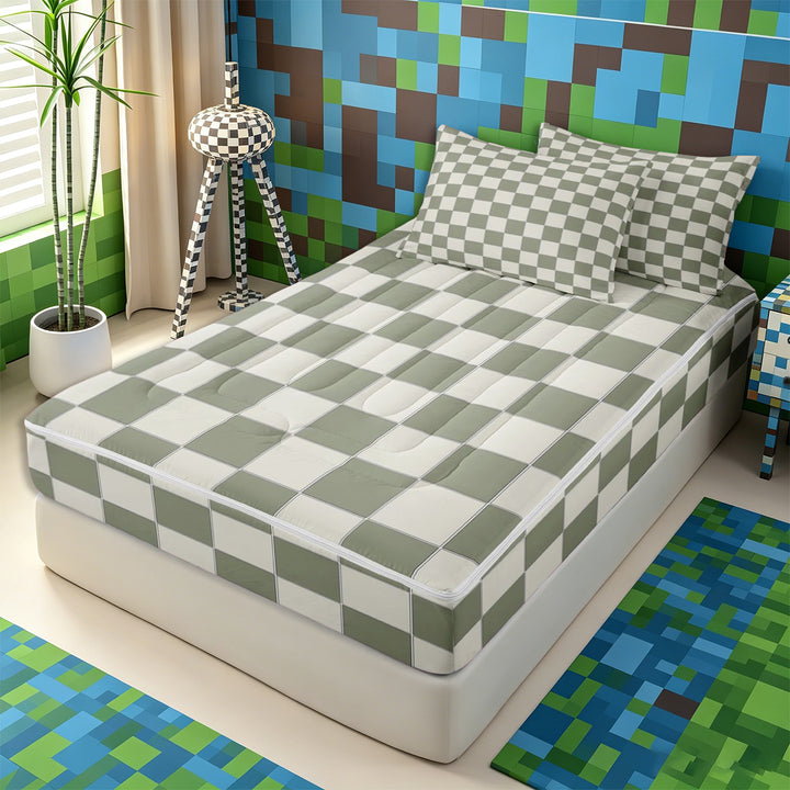 Meiyoeat Minimalist Checkered Print Zipper Full Size Comforter Sets with Fitted Sheet and 2 Pillowcases, Mid-Century Geometric Grid Zipper Bedding Set, Sage Green White,4pcs