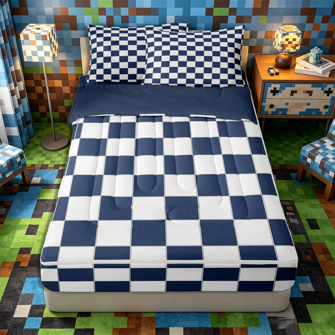 Meiyoeat Geometric Grid Zipper Full Size Comforter Sets with Fitted Sheet and 2 Pillowcases, Classic Minimalist Checkered Zipper Bedding Set, Navy Blue White,4pcs,Navy Blue Reversible