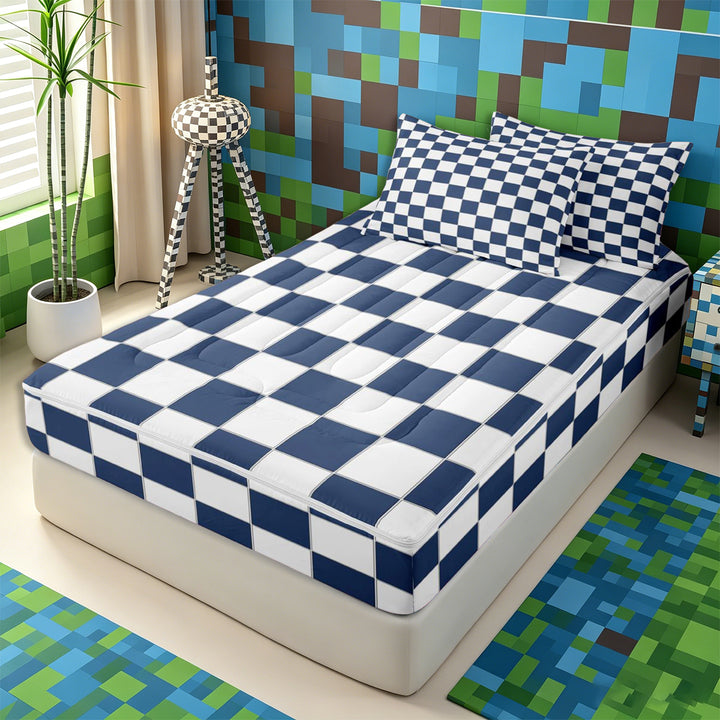 Meiyoeat Geometric Grid Zipper Full Size Comforter Sets with Fitted Sheet and 2 Pillowcases, Classic Minimalist Checkered Zipper Bedding Set, Navy Blue White,4pcs,Navy Blue Reversible