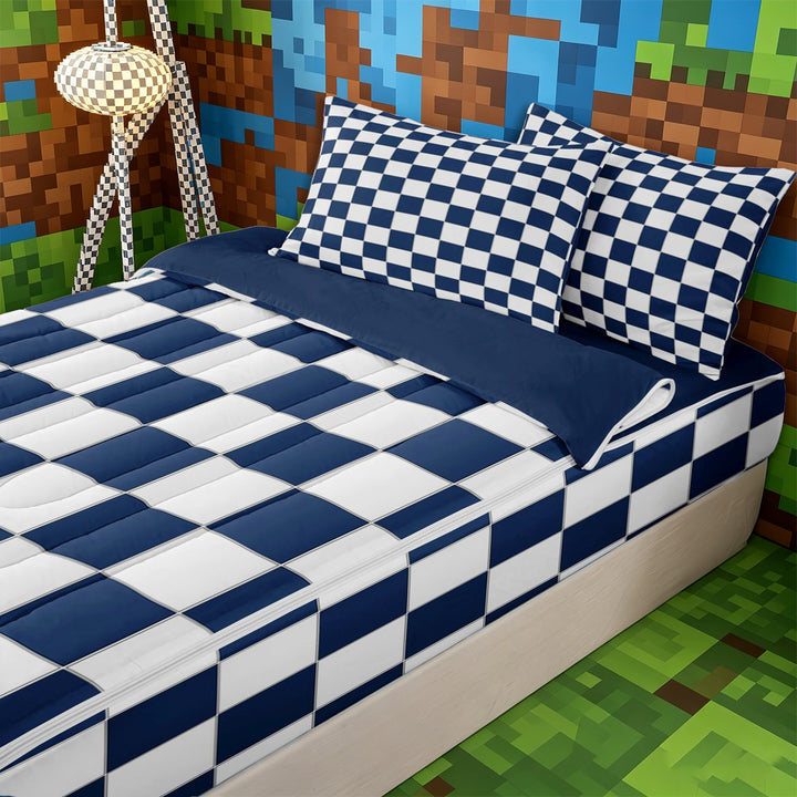 Meiyoeat Geometric Grid Zipper Full Size Comforter Sets with Fitted Sheet and 2 Pillowcases, Classic Minimalist Checkered Zipper Bedding Set, Navy Blue White,4pcs,Navy Blue Reversible