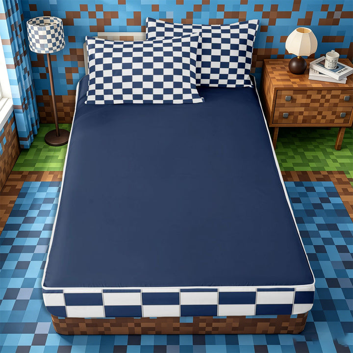 Meiyoeat Geometric Grid Zipper Full Size Comforter Sets with Fitted Sheet and 2 Pillowcases, Classic Minimalist Checkered Zipper Bedding Set, Navy Blue White,4pcs,Navy Blue Reversible