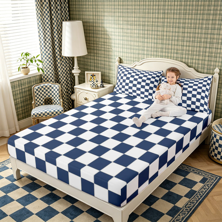 Meiyoeat Geometric Grid Bed Sheets 4-Piece, Classic Minimalist Checkered Full Size Sheets, Navy Blue White