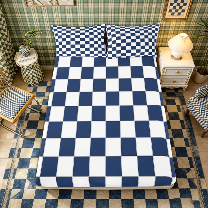 Meiyoeat Geometric Grid Bed Sheets 4-Piece, Classic Minimalist Checkered Full Size Sheets, Navy Blue White