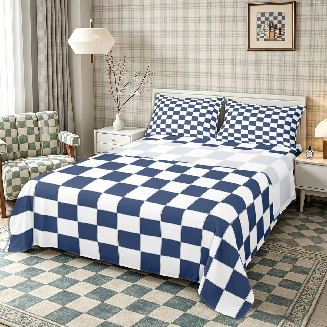 Meiyoeat Geometric Grid Bed Sheets 4-Piece, Classic Minimalist Checkered Full Size Sheets, Navy Blue White