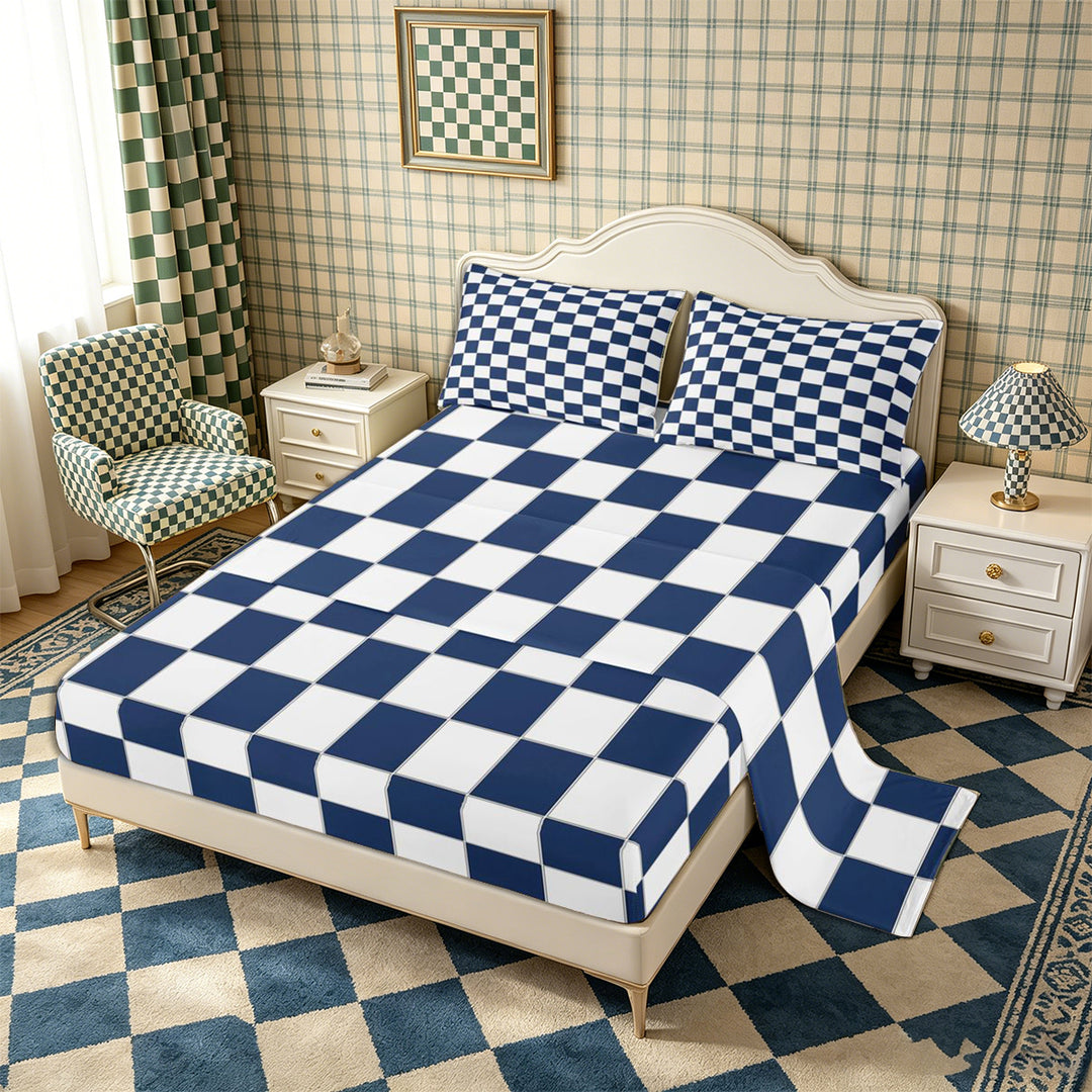 Meiyoeat Geometric Grid Bed Sheets 4-Piece, Classic Minimalist Checkered Full Size Sheets, Navy Blue White