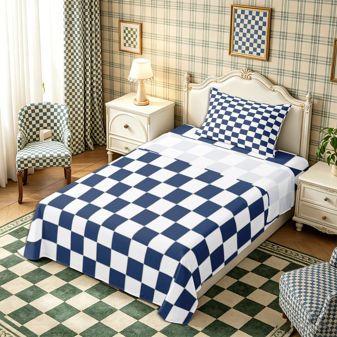 Meiyoeat Geometric Grid Bed Sheets 4-Piece, Classic Minimalist Checkered Full Size Sheets, Navy Blue White