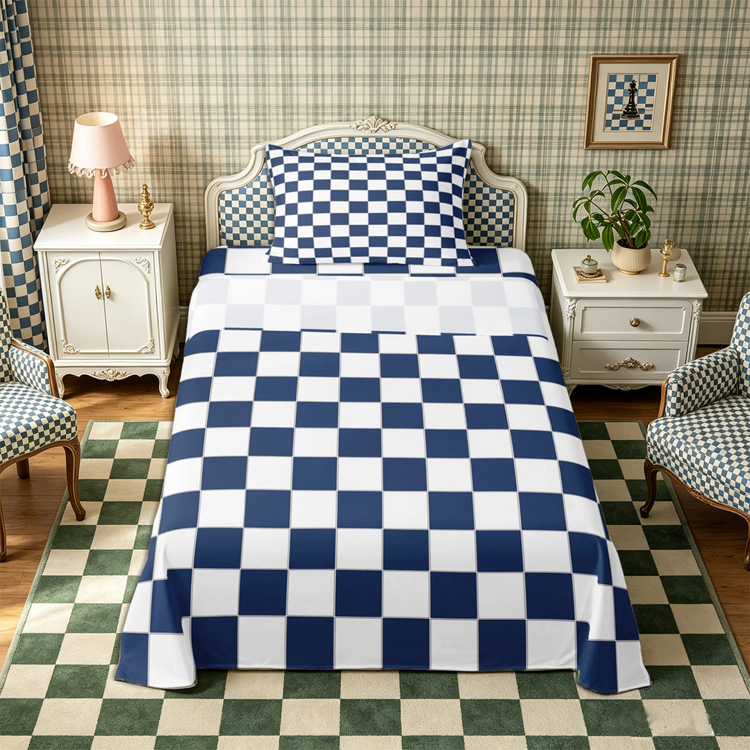 Meiyoeat Geometric Grid Bed Sheets 4-Piece, Classic Minimalist Checkered Full Size Sheets, Navy Blue White