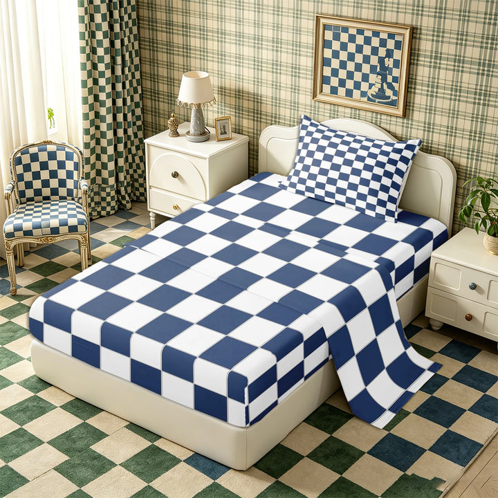 Meiyoeat Geometric Grid Bed Sheets 4-Piece, Classic Minimalist Checkered Full Size Sheets, Navy Blue White