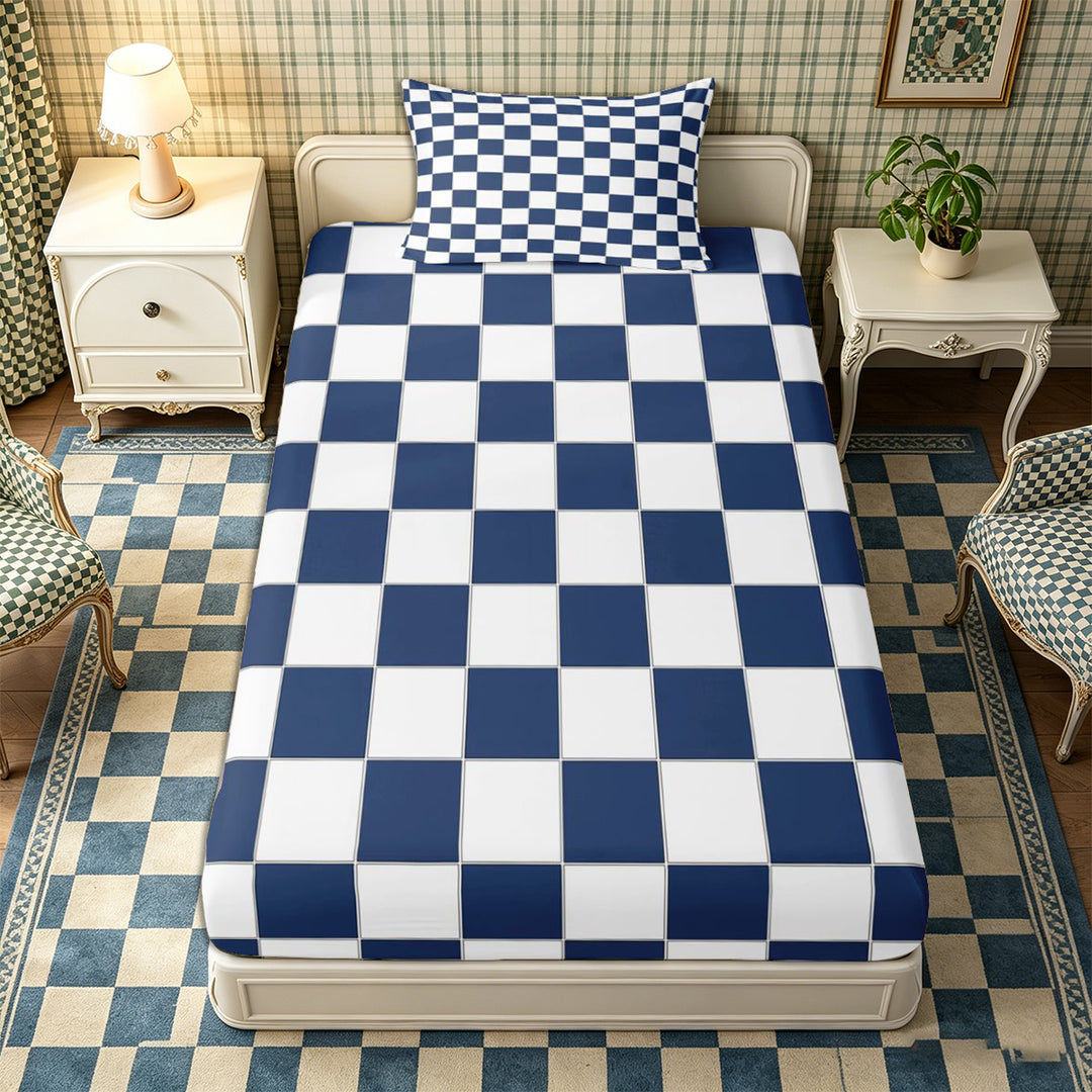 Meiyoeat Geometric Grid Bed Sheets 4-Piece, Classic Minimalist Checkered Full Size Sheets, Navy Blue White
