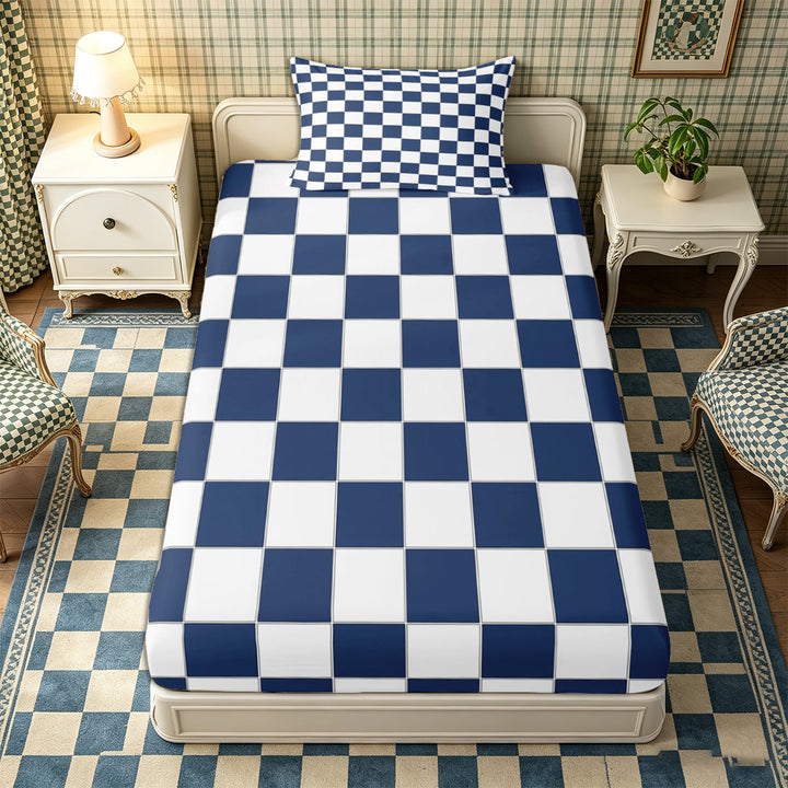 Meiyoeat Geometric Grid Bed Sheets 4-Piece, Classic Minimalist Checkered Full Size Sheets, Navy Blue White