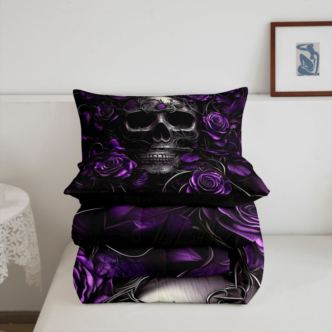 meiyoeat 3D Gothic Skull Pattern King Size Comforter Sets For Girls,Purple Rustic Flower Rose Comforters King Size For Kids, Purple Black,Black Reversible,3pcs