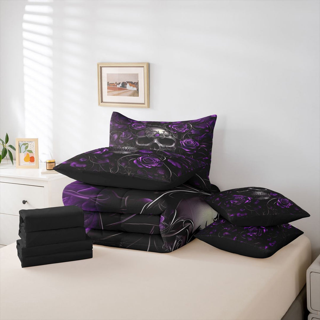 meiyoeat 3D Gothic Skull Pattern 7-Piece King Bedding For Girls,Purple Rustic Flower Rose King Bed in a Bag For Kids, Purple Black,Black Reversible