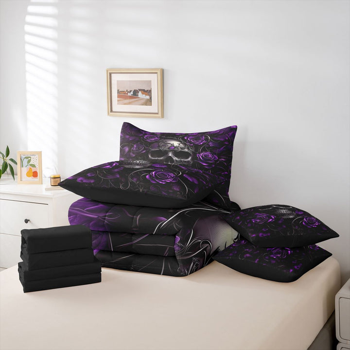 meiyoeat 3D Gothic Skull Pattern 7-Piece King Bedding For Girls,Purple Rustic Flower Rose King Bed in a Bag For Kids, Purple Black,Black Reversible