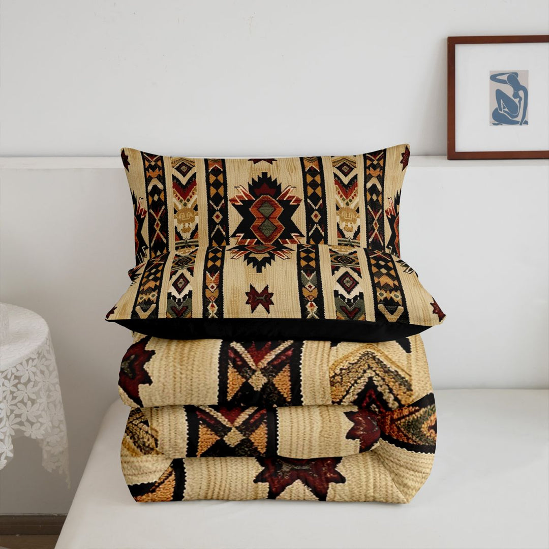 meiyoeat Vintage Aztec Geometric King Size Comforter Sets For Boys,Rustic Boho Style Comforters King Size For Kids,Black Reversible,3-Piece