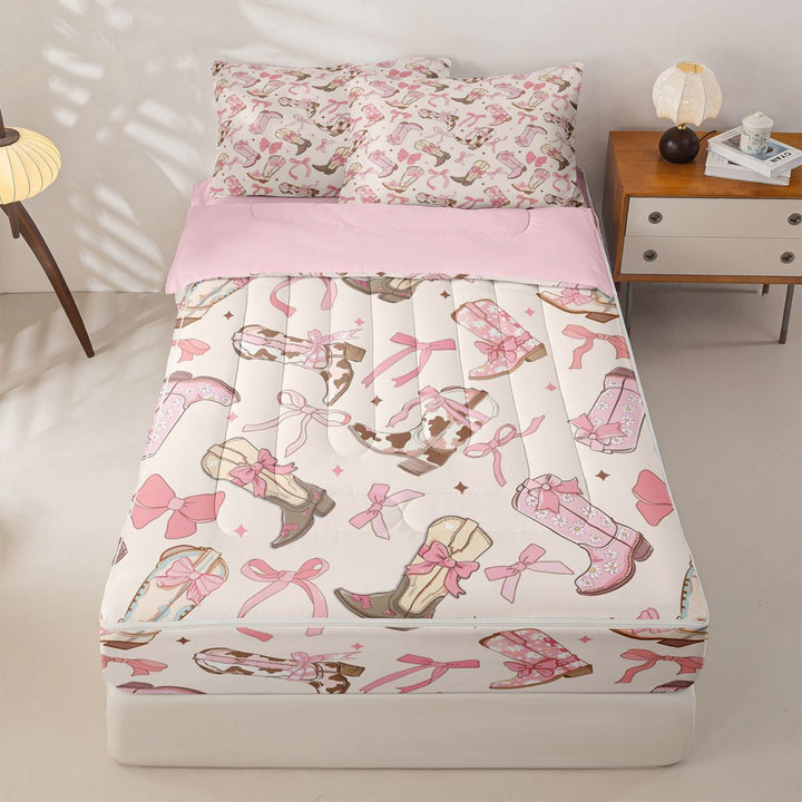 meiyoeat Girly Cowgirl Boot Zipper Full Size Comforter Sets with Fitted Sheet and 2 Pillowcases For Kids, Coquette Bow Print Zipper Bedding Set For Girls,Pink Reversible,4 Pieces