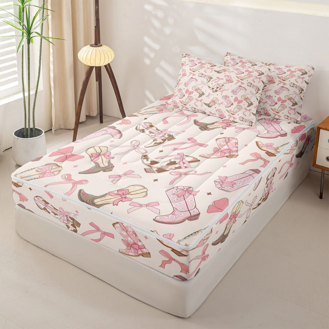 meiyoeat Girly Cowgirl Boot Zipper Full Size Comforter Sets with Fitted Sheet and 2 Pillowcases For Kids, Coquette Bow Print Zipper Bedding Set For Girls,Pink Reversible,4 Pieces