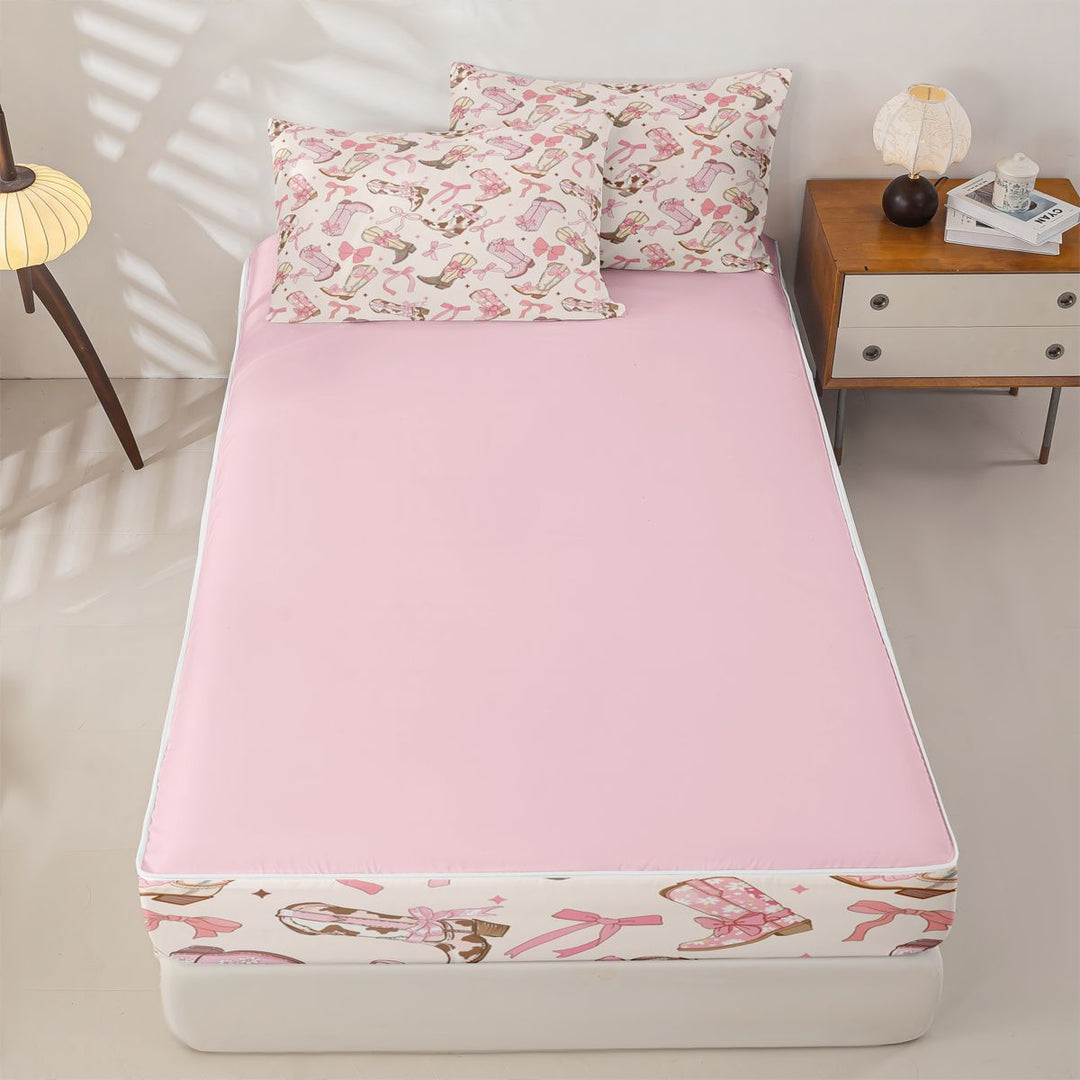 meiyoeat Girly Cowgirl Boot Zipper Full Size Comforter Sets with Fitted Sheet and 2 Pillowcases For Kids, Coquette Bow Print Zipper Bedding Set For Girls,Pink Reversible,4 Pieces