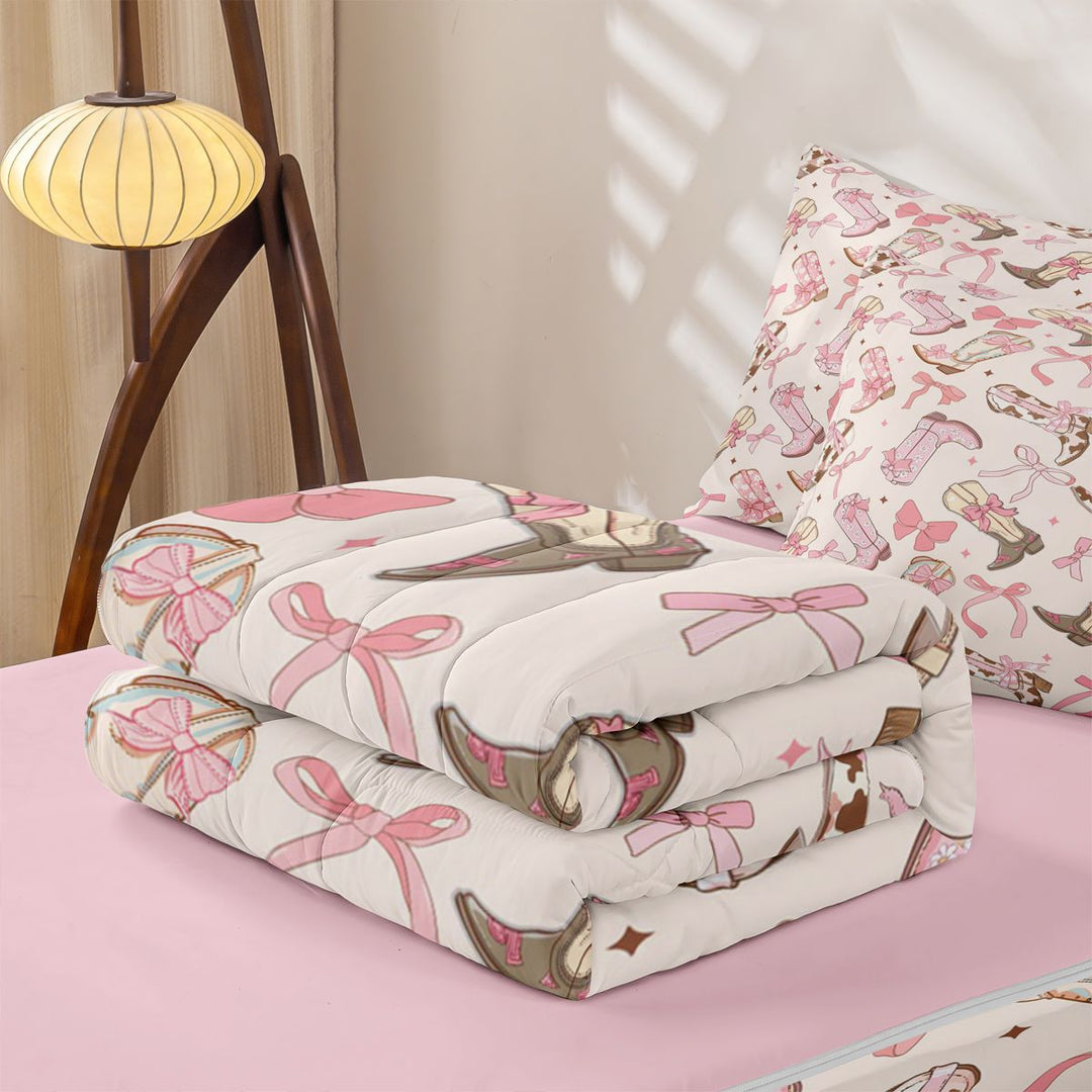 meiyoeat Girly Cowgirl Boot Zipper Full Size Comforter Sets with Fitted Sheet and 2 Pillowcases For Kids, Coquette Bow Print Zipper Bedding Set For Girls,Pink Reversible,4 Pieces