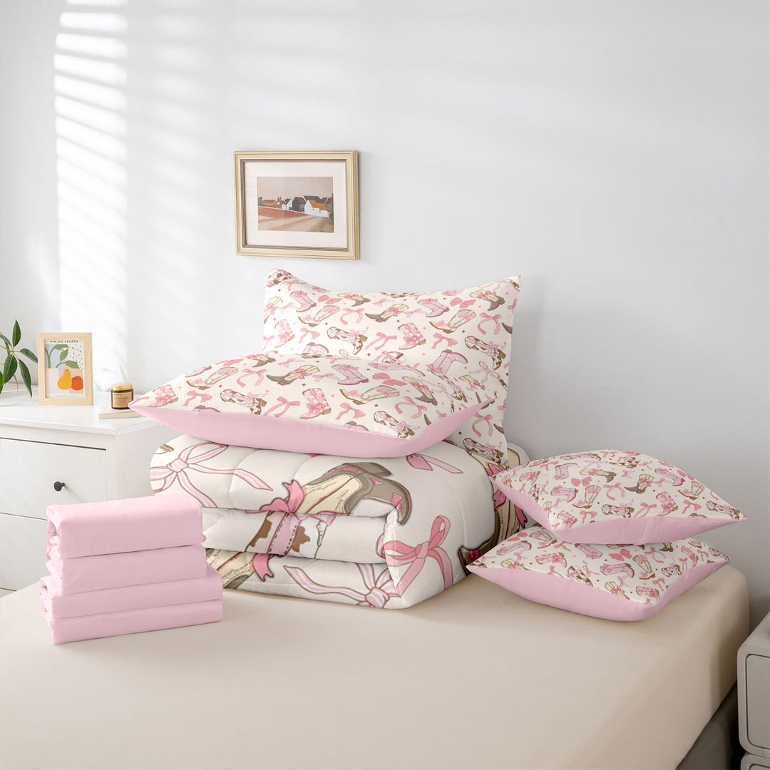 meiyoeat Girly Cowgirl Boot 7 Pieces Full Size Bedding Sets For Kids, Coquette Bow Print Full Size Bed in a Bag For Girls,Pink Reversible