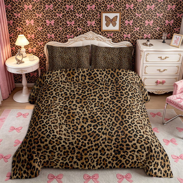 Meiyoeat Textured Leopard Print King Size Comforter Sets 3pcs, Retro Furry Animal Pattern Comforters King Size, Brown Black,Black Reversible