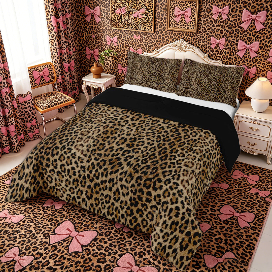 Meiyoeat Textured Leopard Print King Size Comforter Sets 3pcs, Retro Furry Animal Pattern Comforters King Size, Brown Black,Black Reversible
