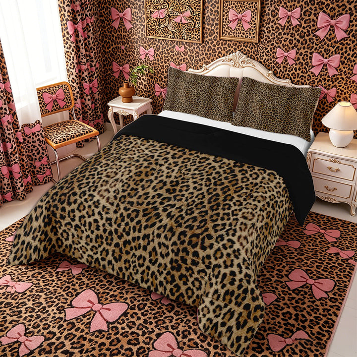 Meiyoeat Textured Leopard Print King Size Comforter Sets 3pcs, Retro Furry Animal Pattern Comforters King Size, Brown Black,Black Reversible
