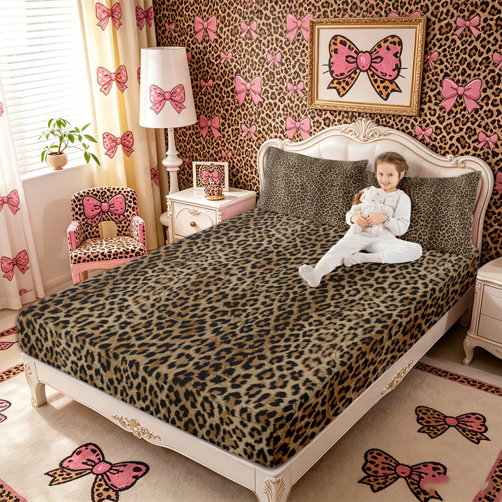 Meiyoeat Textured Leopard Print King Sheets 4pcs, Retro Furry Animal Pattern Bedding, Brown Black