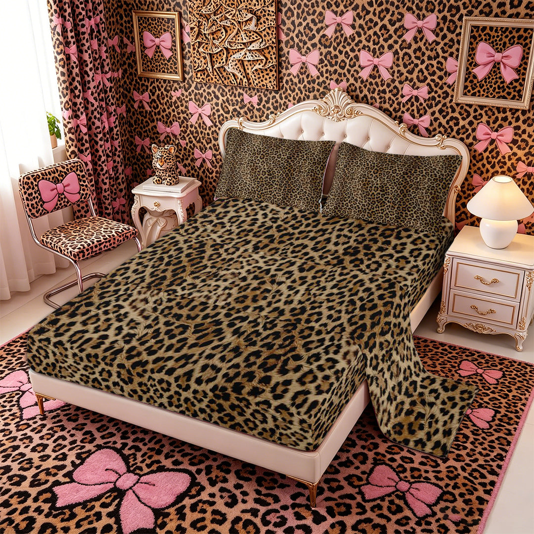 Meiyoeat Textured Leopard Print King Sheets 4pcs, Retro Furry Animal Pattern Bedding, Brown Black