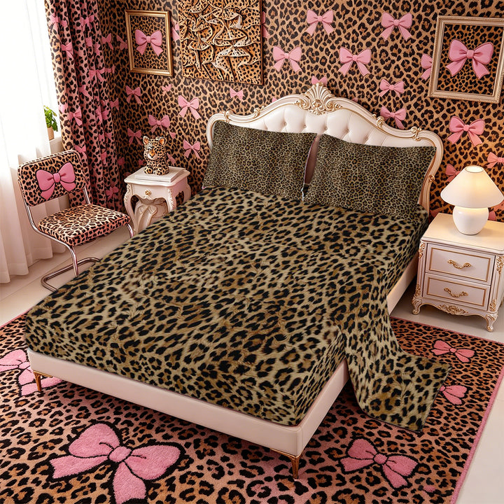 Meiyoeat Textured Leopard Print King Sheets 4pcs, Retro Furry Animal Pattern Bedding, Brown Black