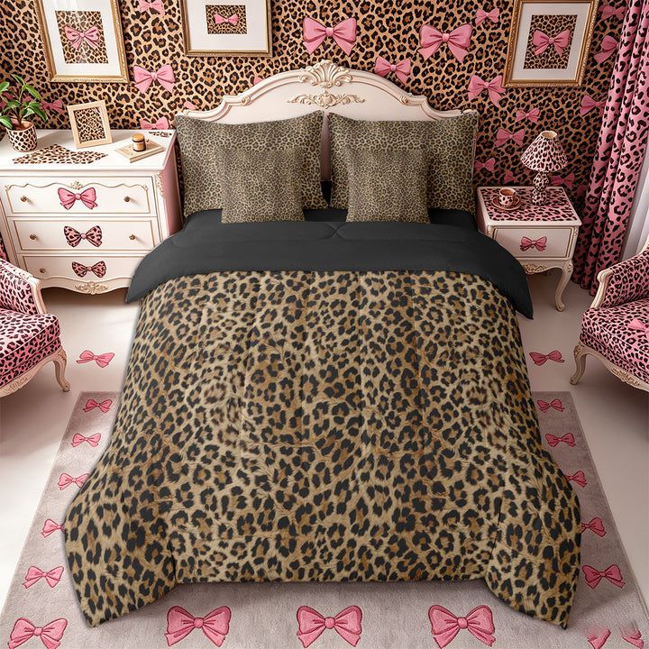 Meiyoeat Textured Leopard Print King Bedding 7pcs, Retro Furry Animal Pattern King Bed in a Bag, Brown Black,Black Reversible