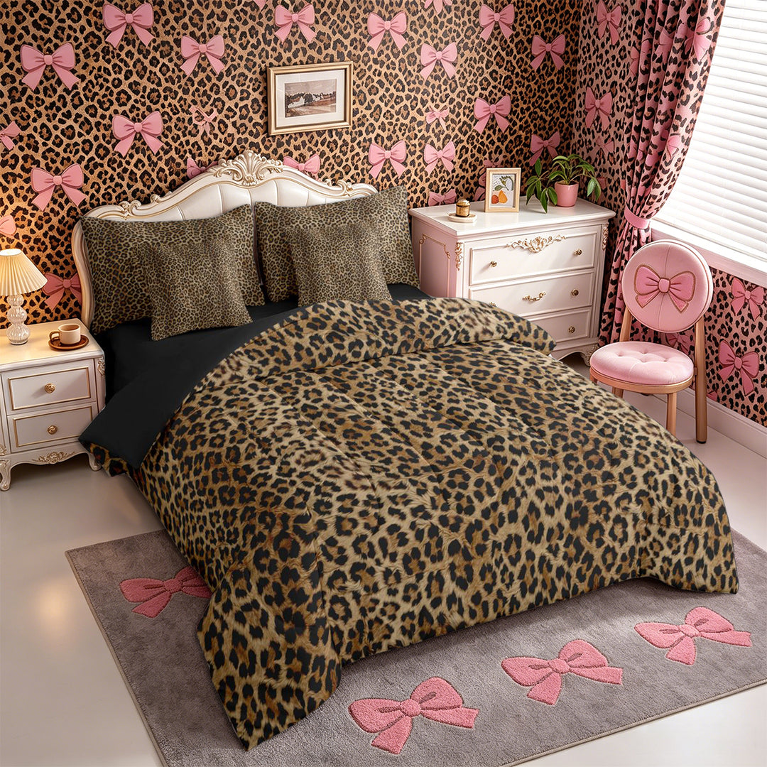 Meiyoeat Textured Leopard Print King Bedding 7pcs, Retro Furry Animal Pattern King Bed in a Bag, Brown Black,Black Reversible