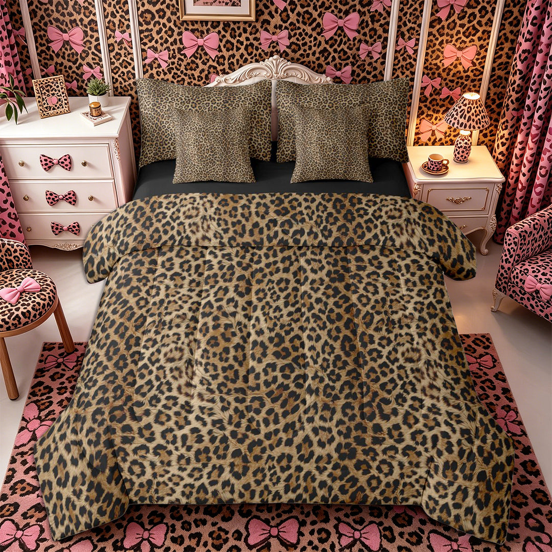 Meiyoeat Textured Leopard Print King Bedding 7pcs, Retro Furry Animal Pattern King Bed in a Bag, Brown Black,Black Reversible