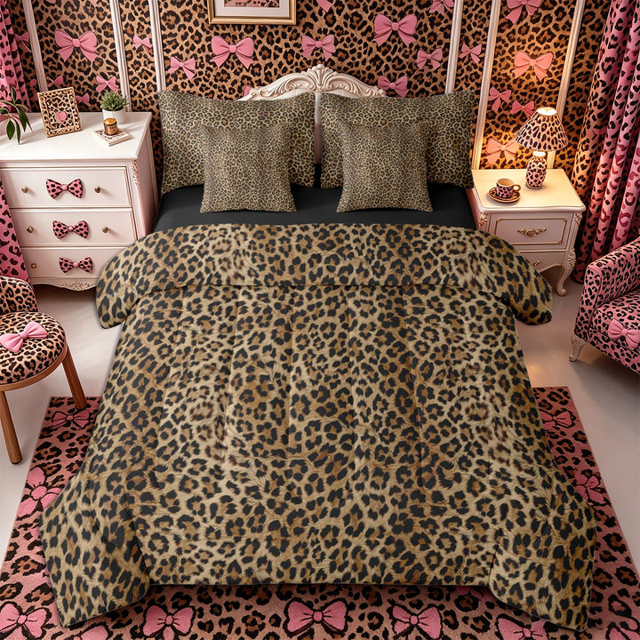 Meiyoeat Textured Leopard Print King Bedding 7pcs, Retro Furry Animal Pattern King Bed in a Bag, Brown Black,Black Reversible