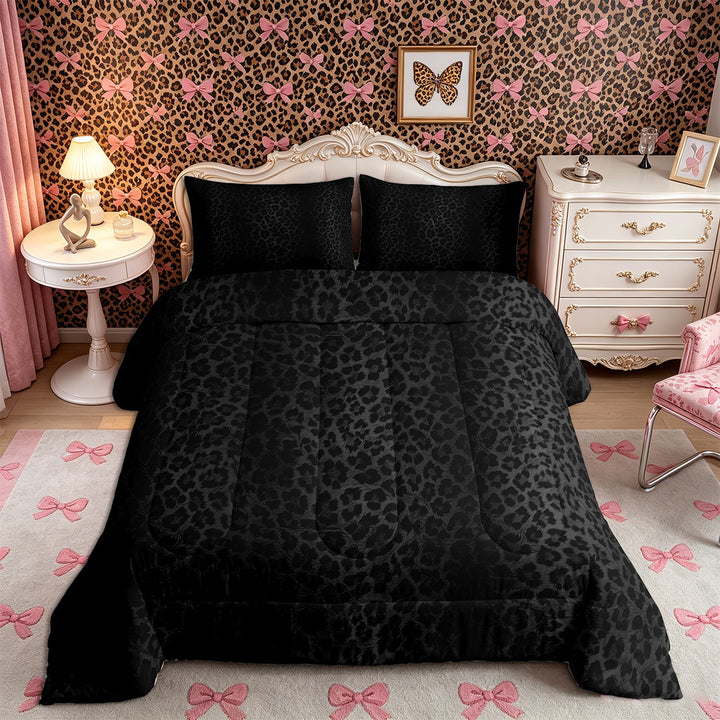 Meiyoeat Black Edgy Leopard Print King Size Comforter Sets 3pcs, Animal Spot Pattern Comforters King Size,Black Reversible