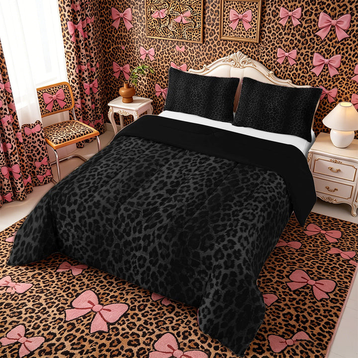 Meiyoeat Black Edgy Leopard Print King Size Comforter Sets 3pcs, Animal Spot Pattern Comforters King Size,Black Reversible