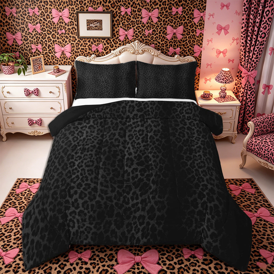 Meiyoeat Black Edgy Leopard Print King Size Comforter Sets 3pcs, Animal Spot Pattern Comforters King Size,Black Reversible