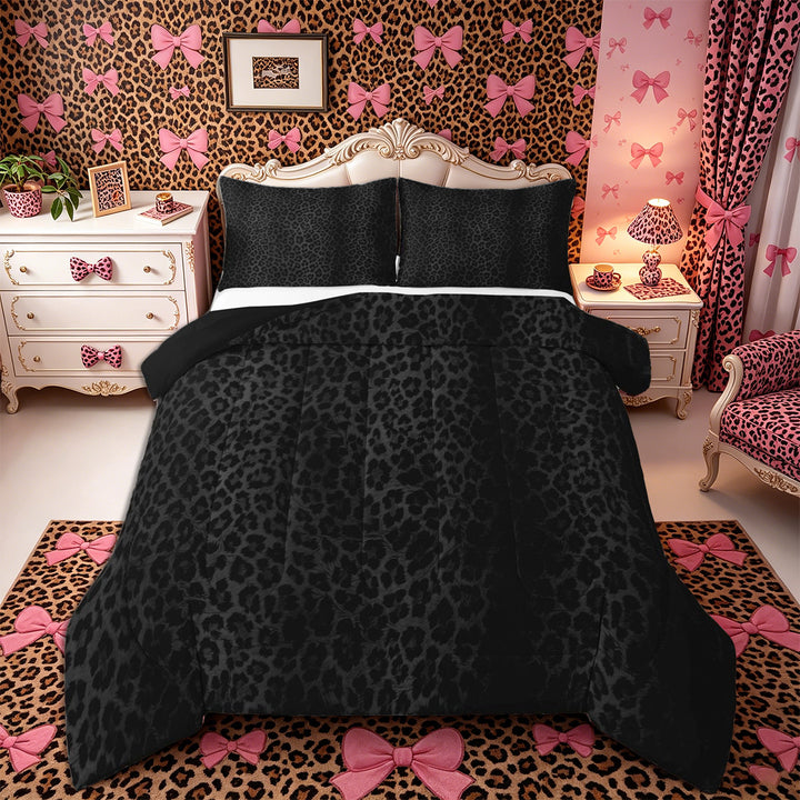 Meiyoeat Black Edgy Leopard Print King Size Comforter Sets 3pcs, Animal Spot Pattern Comforters King Size,Black Reversible