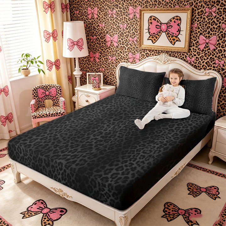 Meiyoeat Black Edgy Leopard Print King Sheets 4pcs, Animal Spot Pattern Bedding